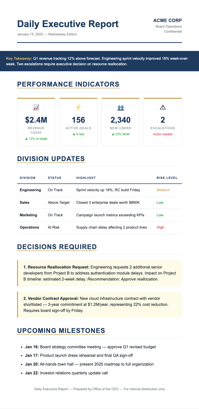 Executive summary daily report